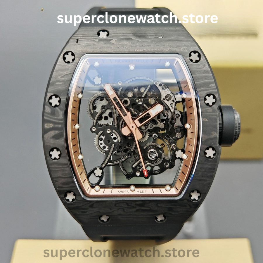 Richard Mille Super Clone Watches 1:1 RM 055 Carbon Tourbillon Black Strap