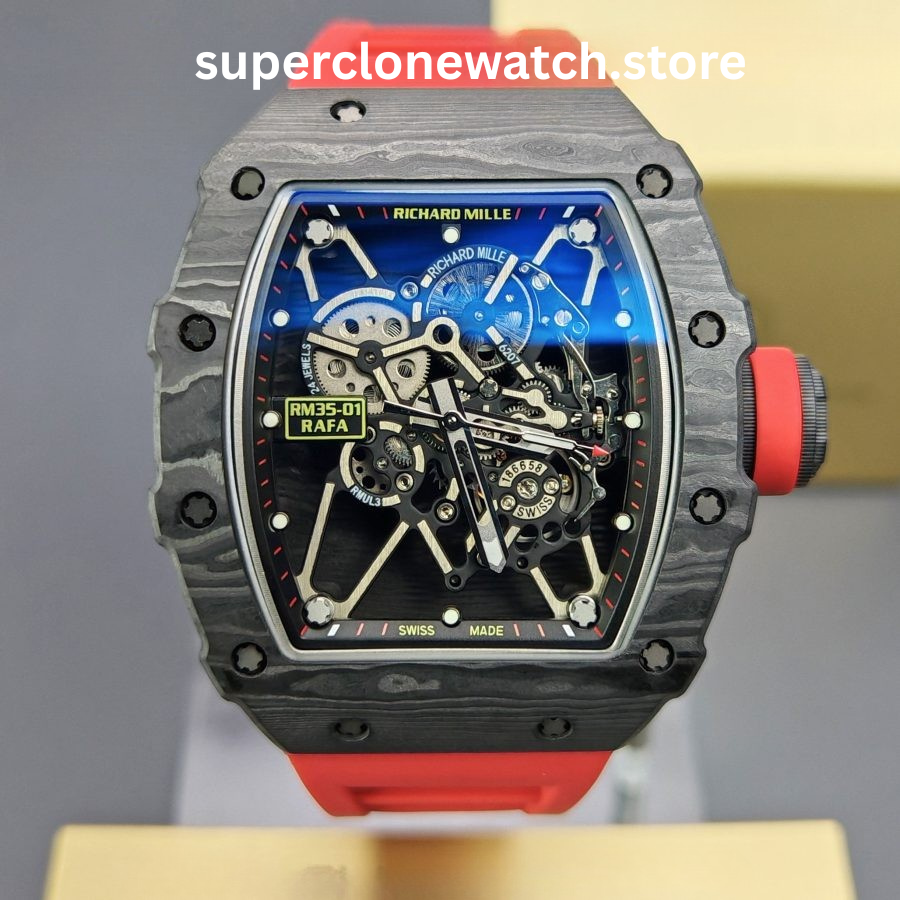 Richard Mille Super Clone Watches 1:1 RM 035 – 01 Carbon Tourbillon Red Strap