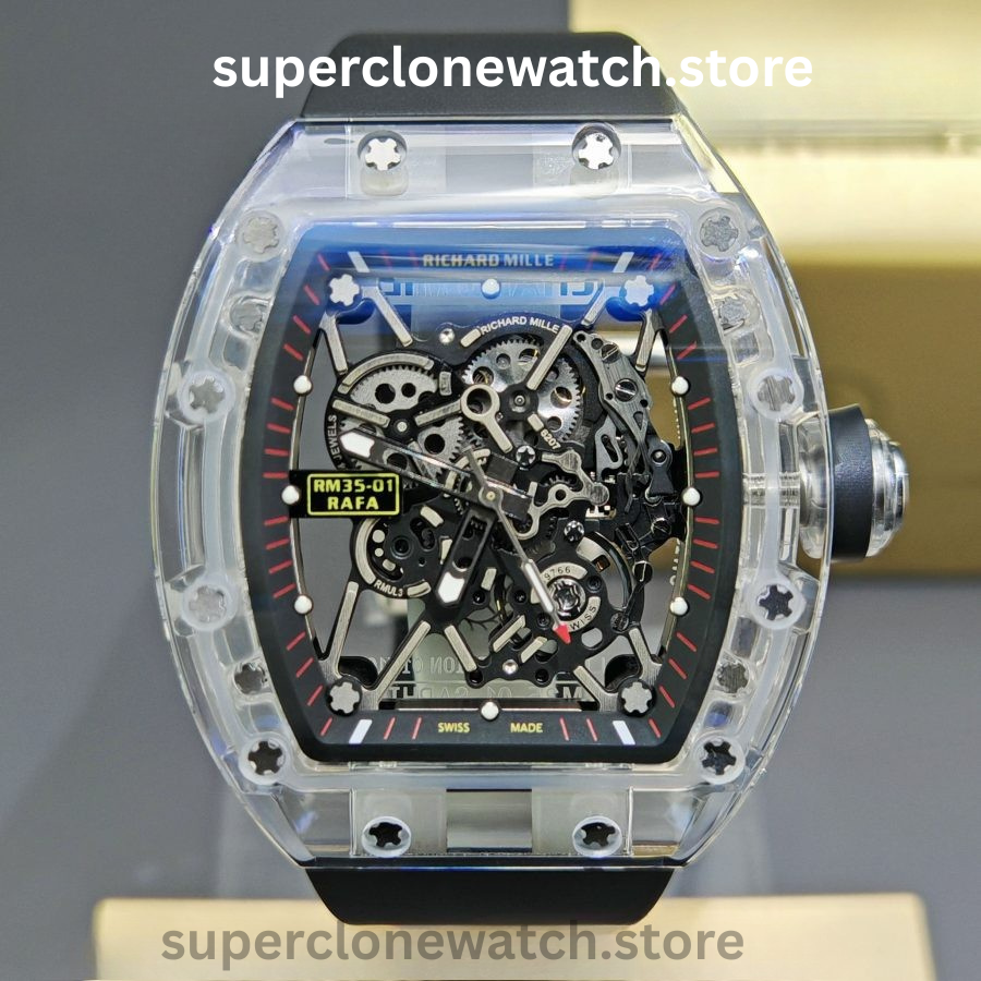 Richard Mille Super Clone Watches 1:1 RM 035 Full Transparent Tourbillon Black Strap