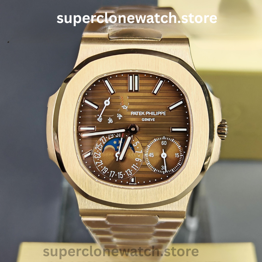 Patek Philippe Super Clone Watches 1:1 Nautilus Moon Phase 18K Rose Gold 5712 Brown Dial New Buckle